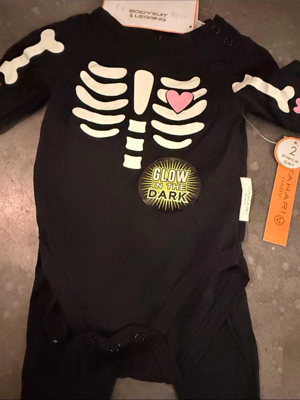 Tahari Black Glow-in-the-Dark Skeleton Bodysuit with Pink Heart Accents